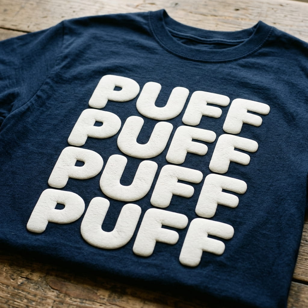 Close-up of a raised 3D puff screen print on a t-shirt