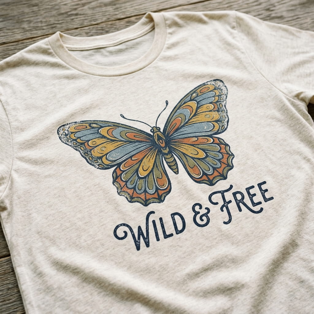 Close-up of a soft water-based screen print on a t-shirt