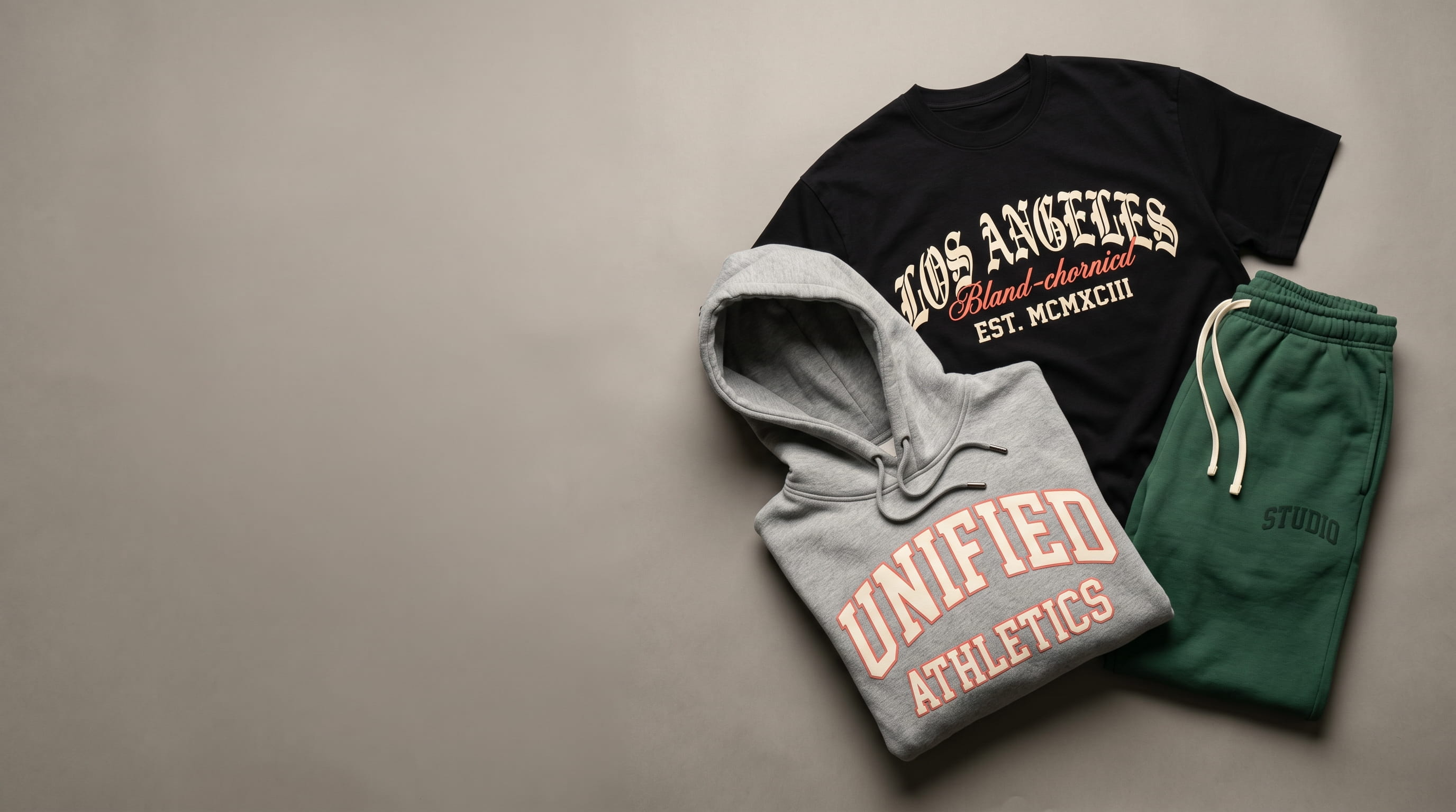 Bold screen-printed t-shirt, hoodie, and sweatpants made in Los Angeles