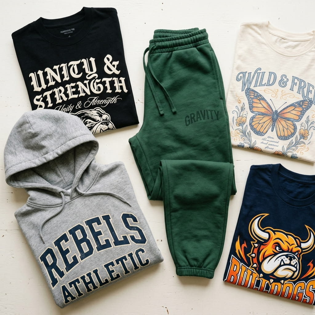 Flat-lay of bold screen-printed tees, hoodies, and sweatpants