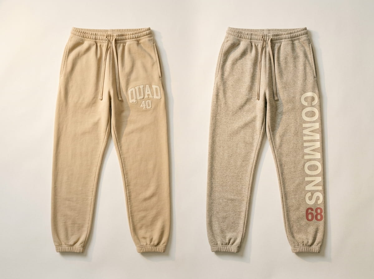 Two sweatpants showing an embroidered thigh emblem and a woven waistband label side by side