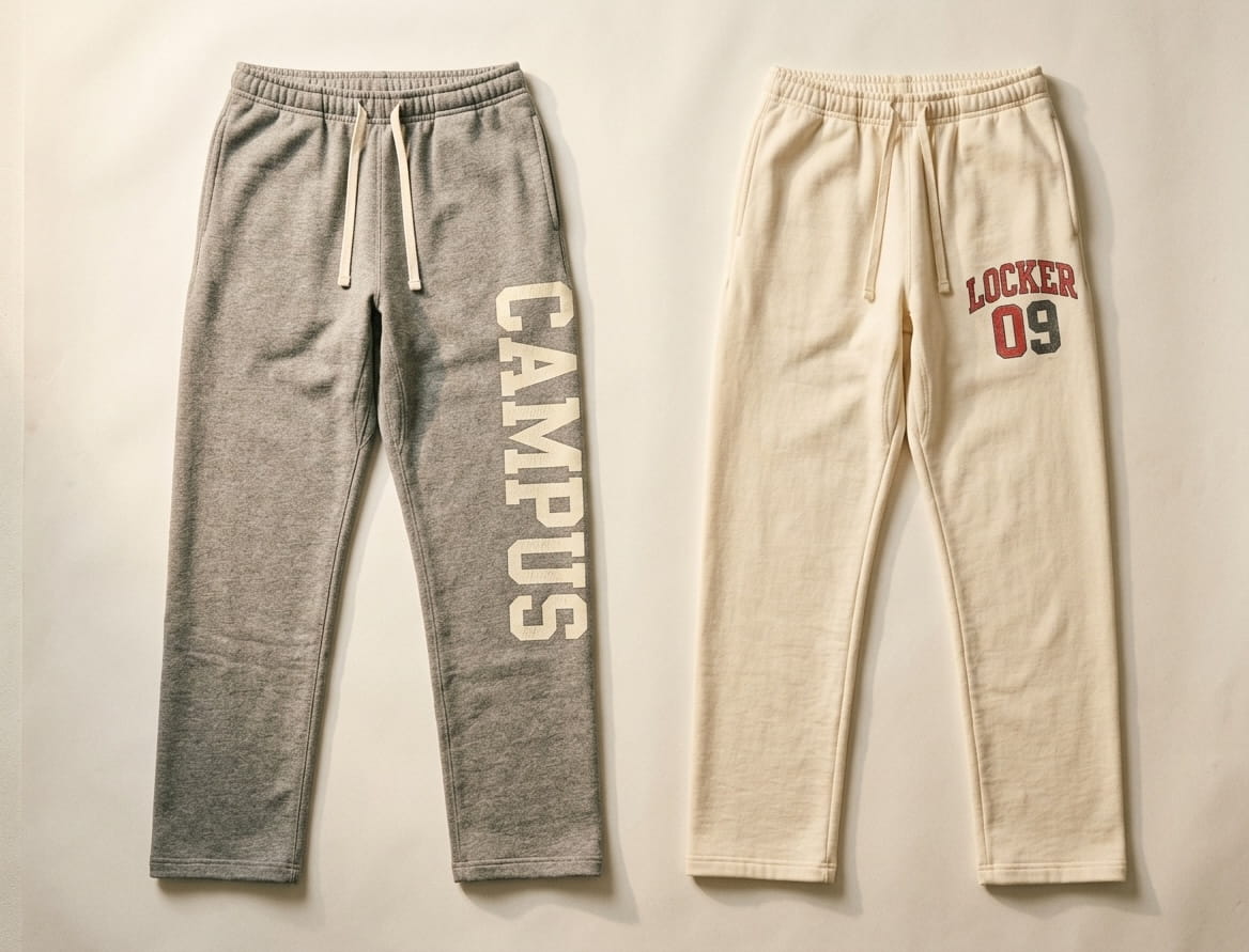 Two sweatpants showing a front-thigh screen print and a vertical side-seam wordmark side by side