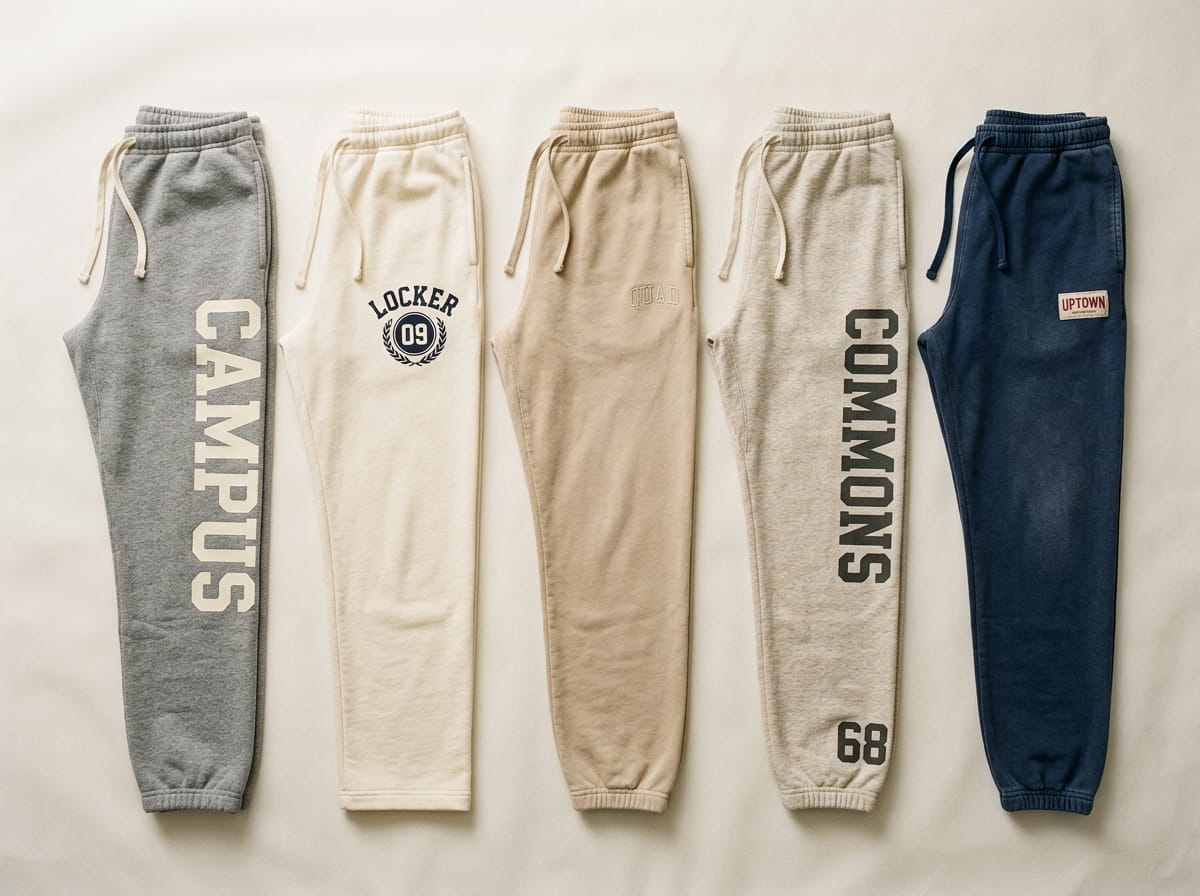 Five sweatpants in different fabrics and decoration treatments laid in a row