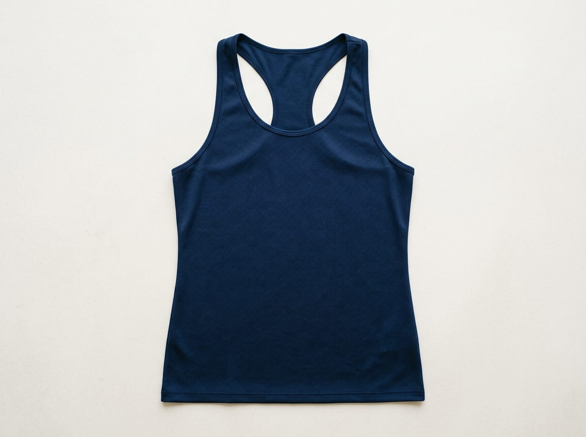 Custom tank anatomy — crew, scoop, or racerback neckline, sleeveless straps and armhole, front chest panel, side panel, hem at the waist