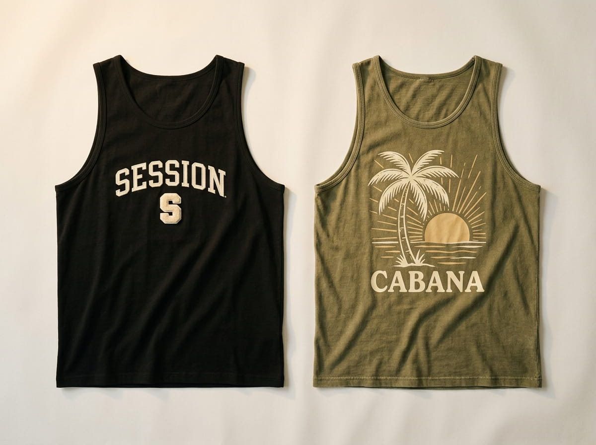Two tanks showing an embroidered chest emblem and a heat-pressed transfer side by side
