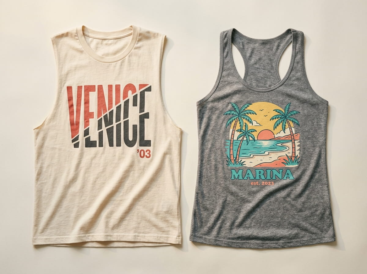 Two tanks showing a plastisol screen print and a full-color DTG print side by side