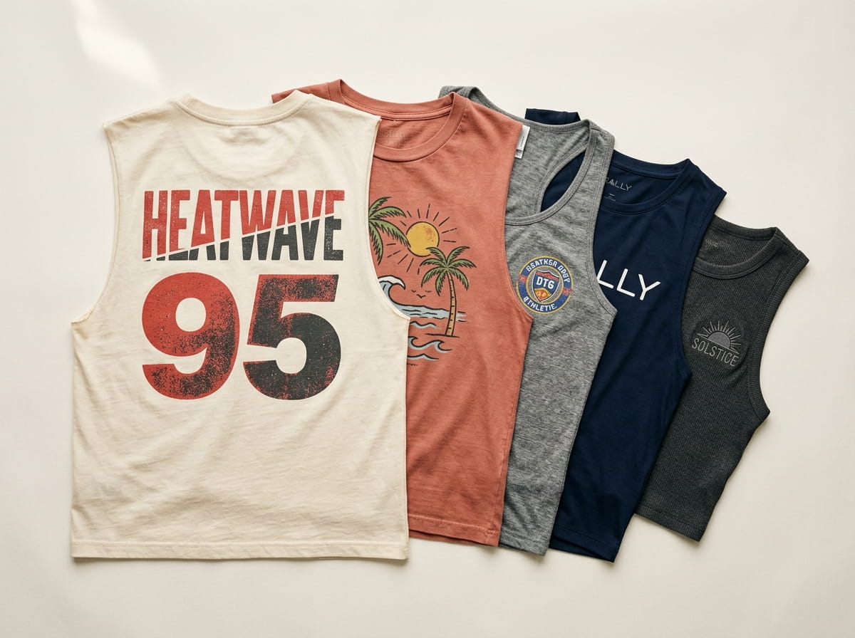 Five tanks and tops in different fabrics and decoration treatments laid in a row