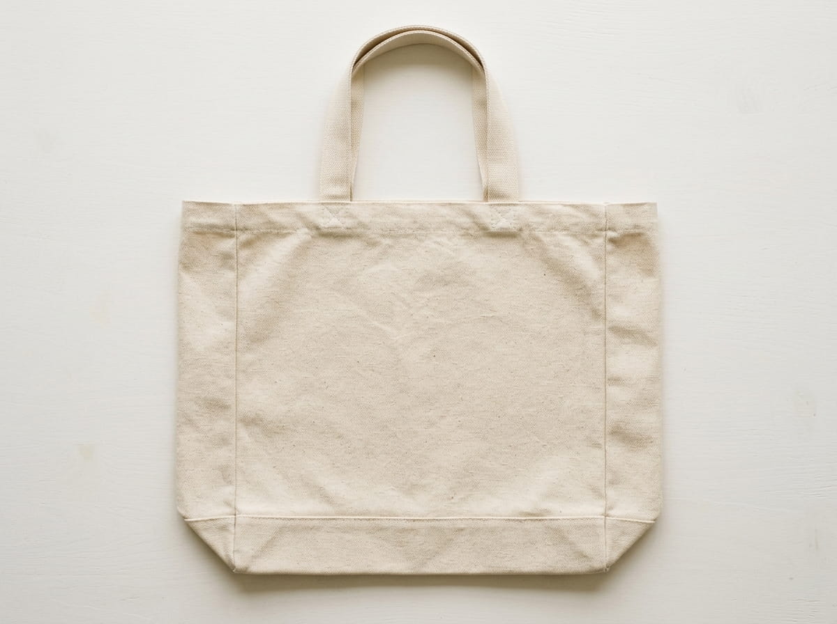 Custom tote bag anatomy — carry handles, front panel, side gusset, reinforced base, top hem opening