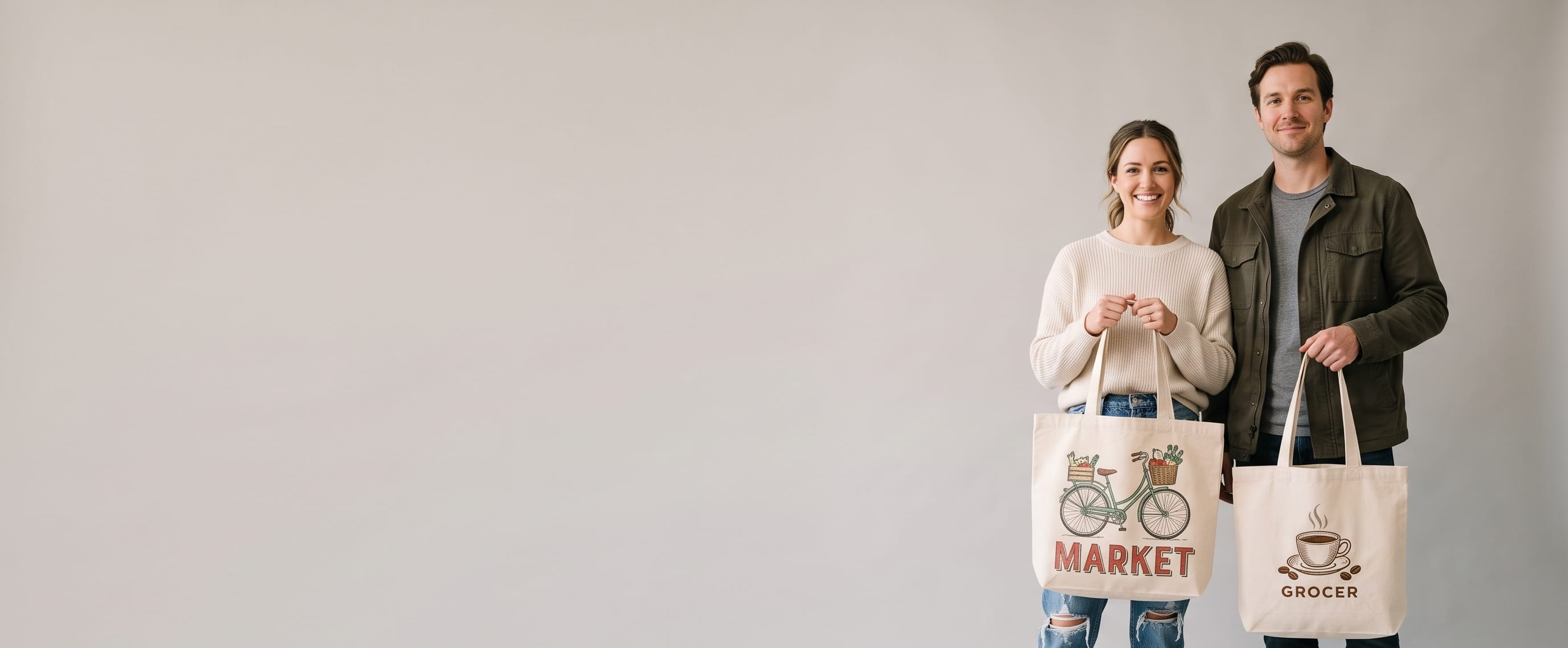 Two decorated custom canvas tote bags — a natural cotton canvas tote with a hand-illustrated front-panel screen print + an organic canvas tote with an embroidered front-panel emblem