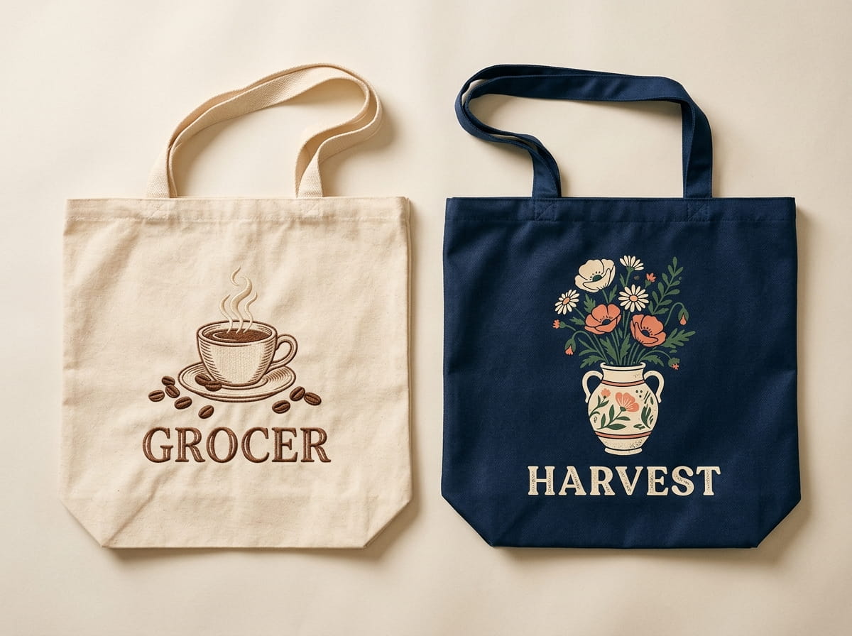 Two canvas totes showing an embroidered front-panel emblem and a woven patch side by side