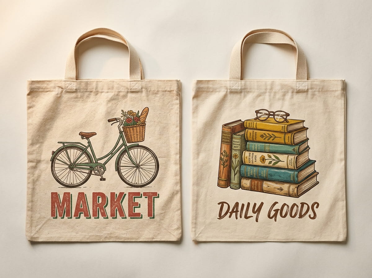 Two canvas totes showing a hand-illustrated front-panel screen print and a full-color DTG print side by side