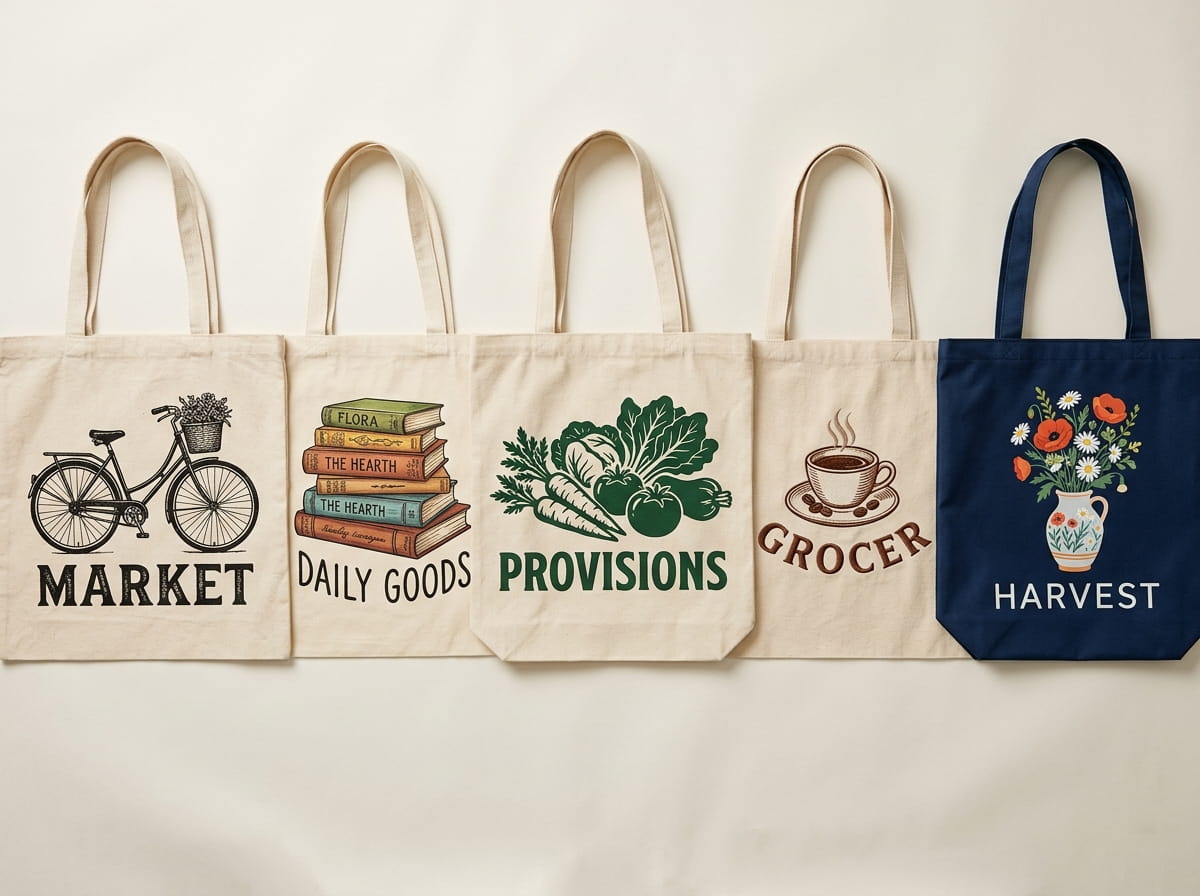 Five canvas totes in different fabrics and decoration treatments laid in a row