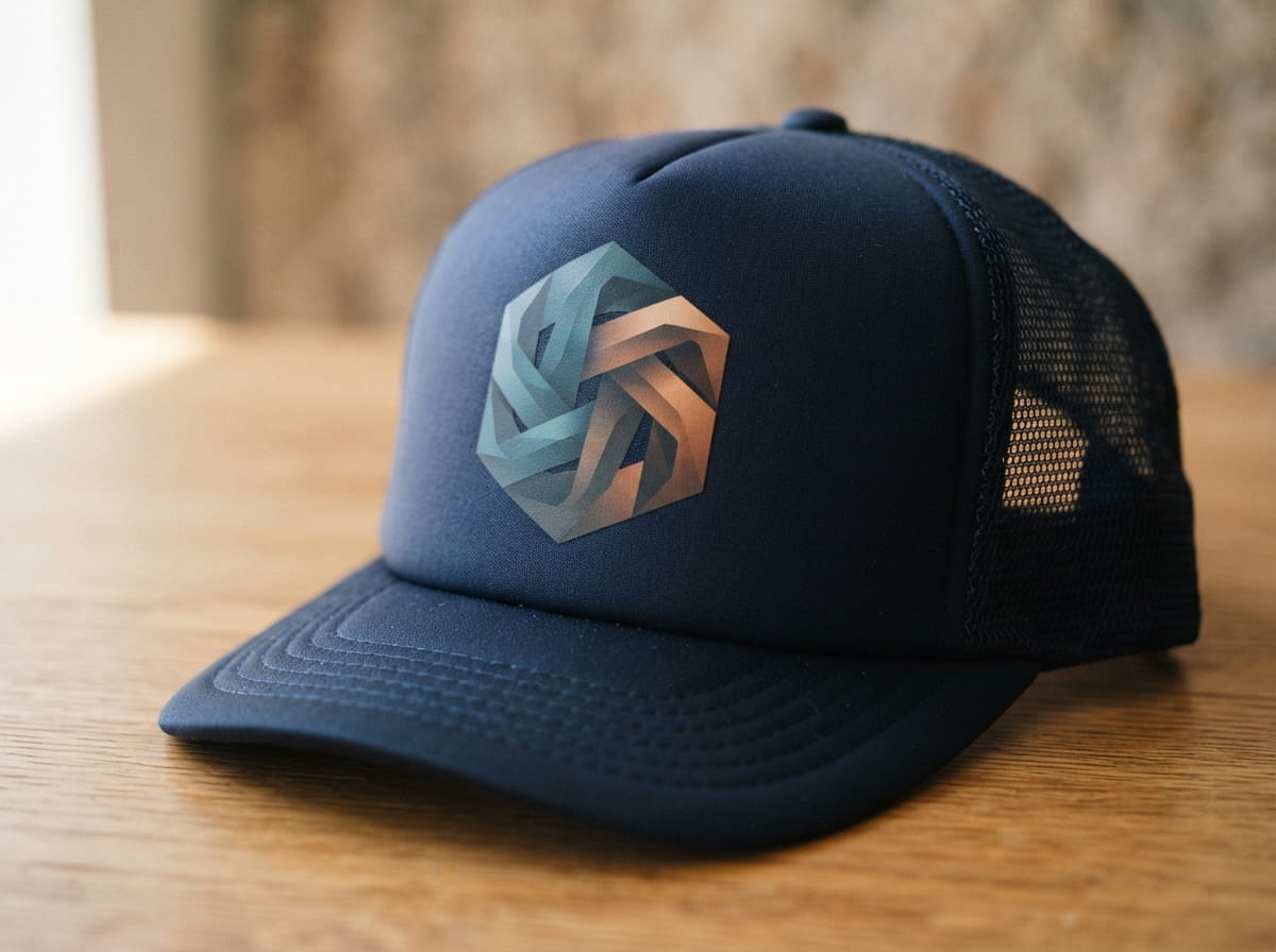Full-color water-based transfer applied to a trucker hat front panel
