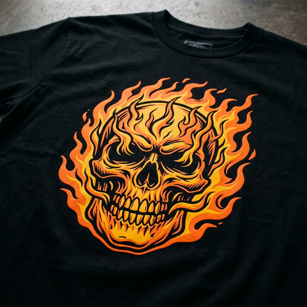 Close-up of a bold opaque screen print on a t-shirt
