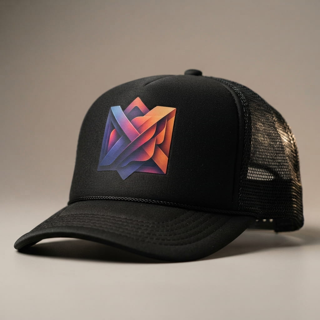 Full-color water-based transfer applied to a trucker hat foam front panel
