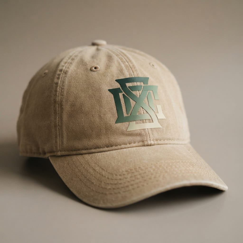 Water-based transfer on a cotton twill dad hat front panel