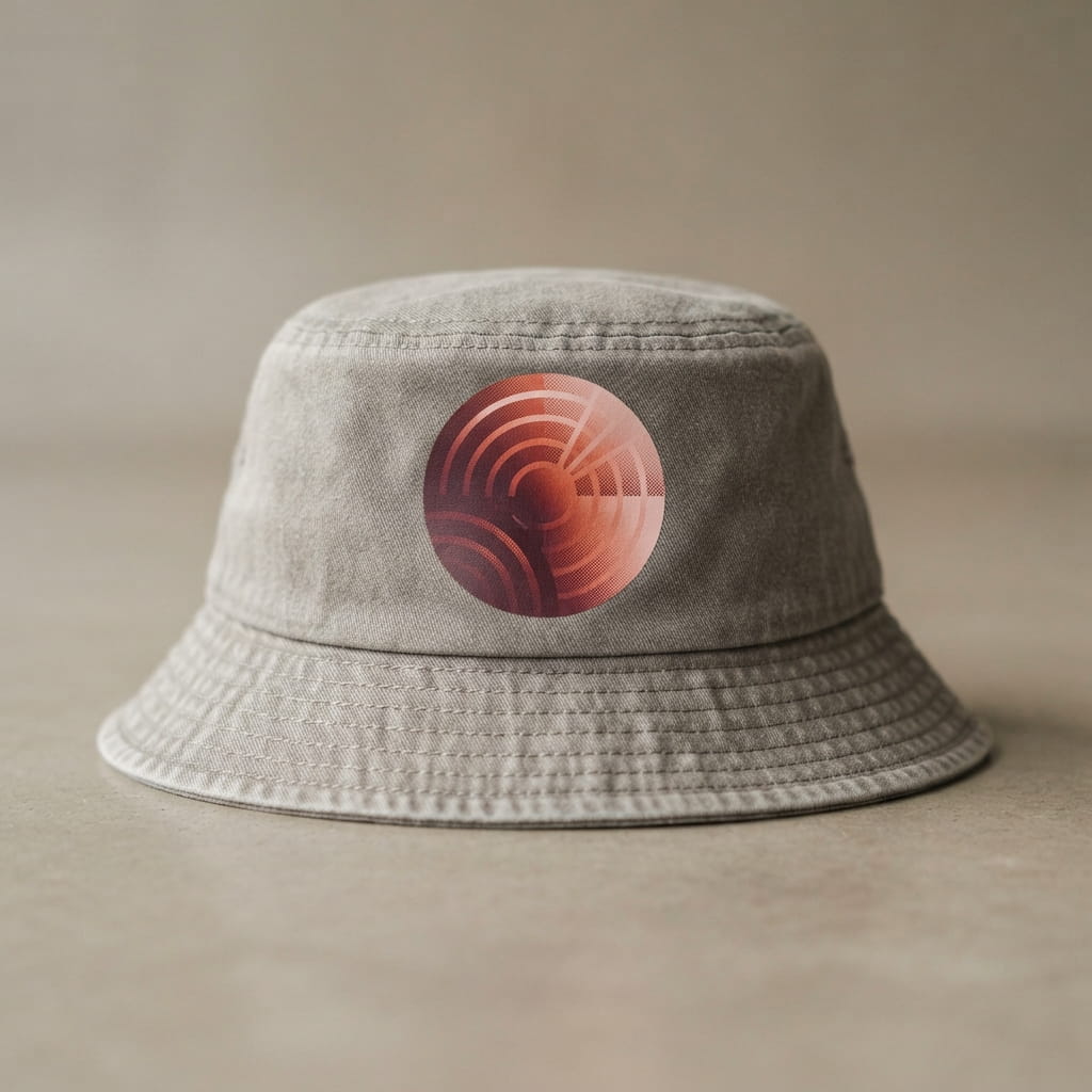 Water-based transfer graphic on a bucket hat panel