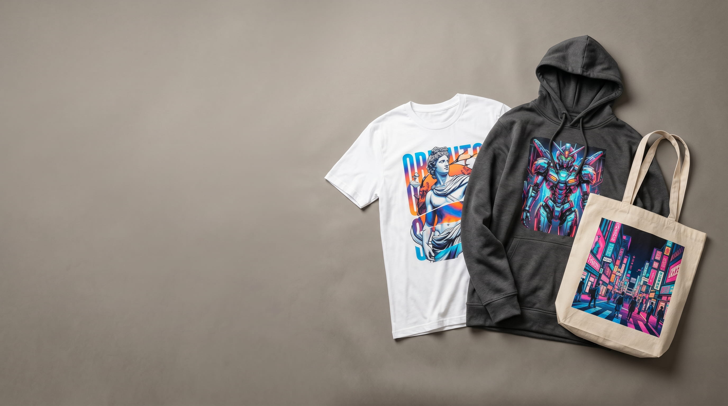Photo-real full-color water-based transfer prints on a cotton tee, a polyester hoodie, and a tote bag