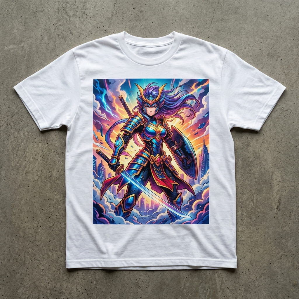 Photo-real full-color water-based transfer print on a cotton t-shirt