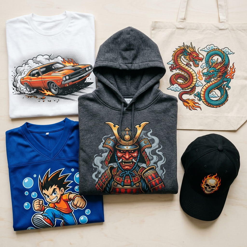 Water-based transfer prints across a cotton tee, polyester jersey, hoodie, cap, and tote bag