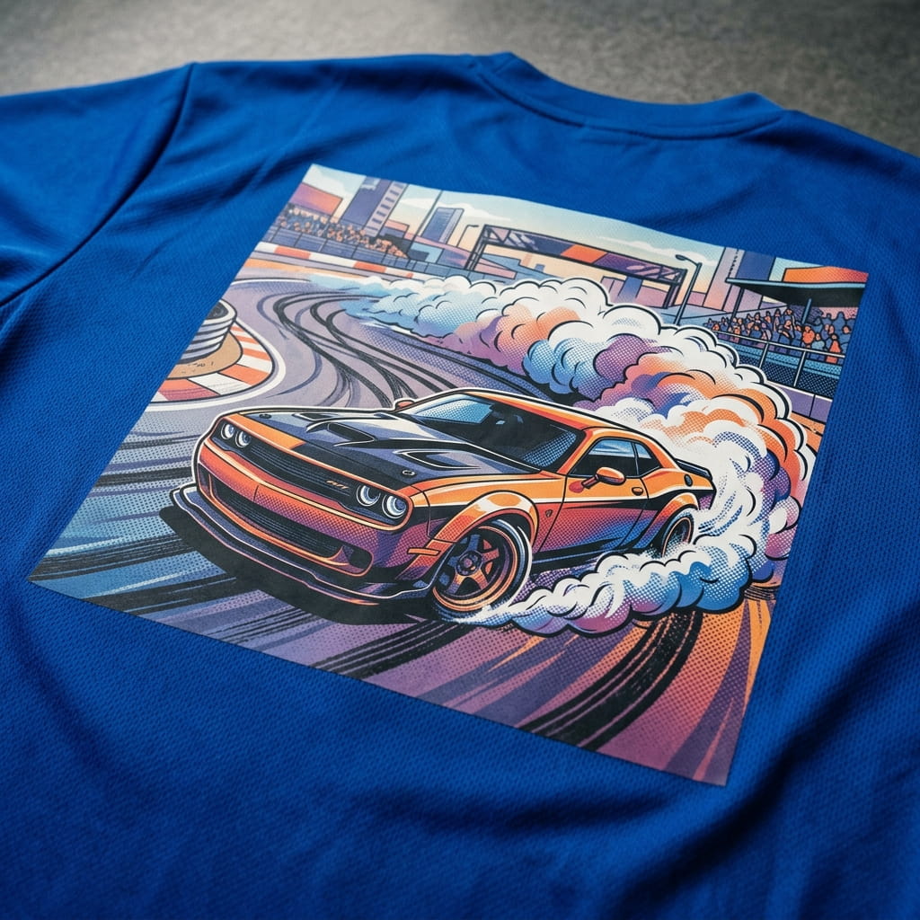 Water-based-transfer-printed apparel with a full-color streetwear graphic