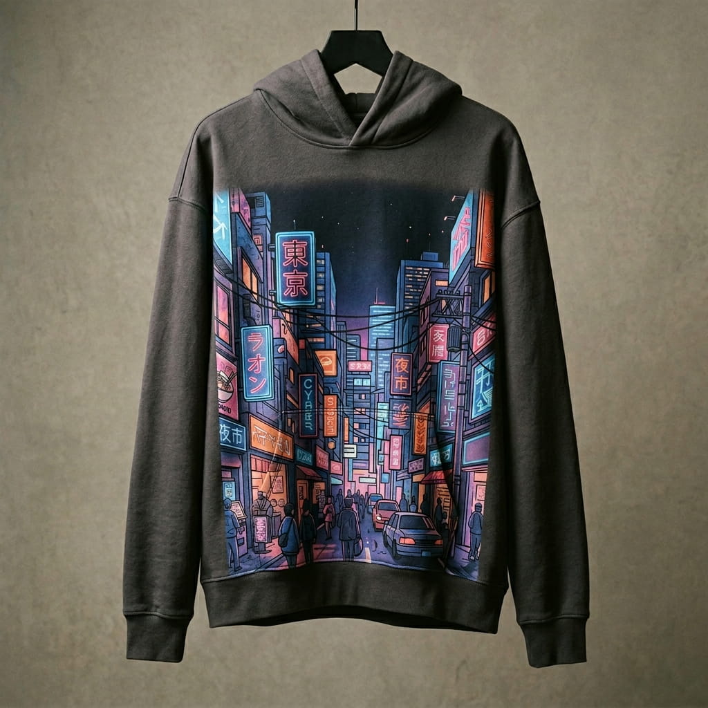 Water-based-transfer-printed apparel with a full-color streetwear graphic