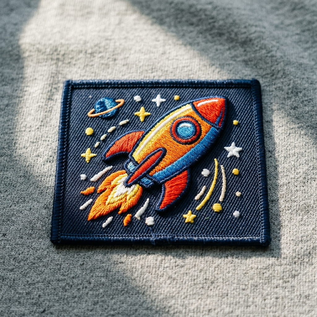 Bold embroidered mascot patch, raised satin stitch