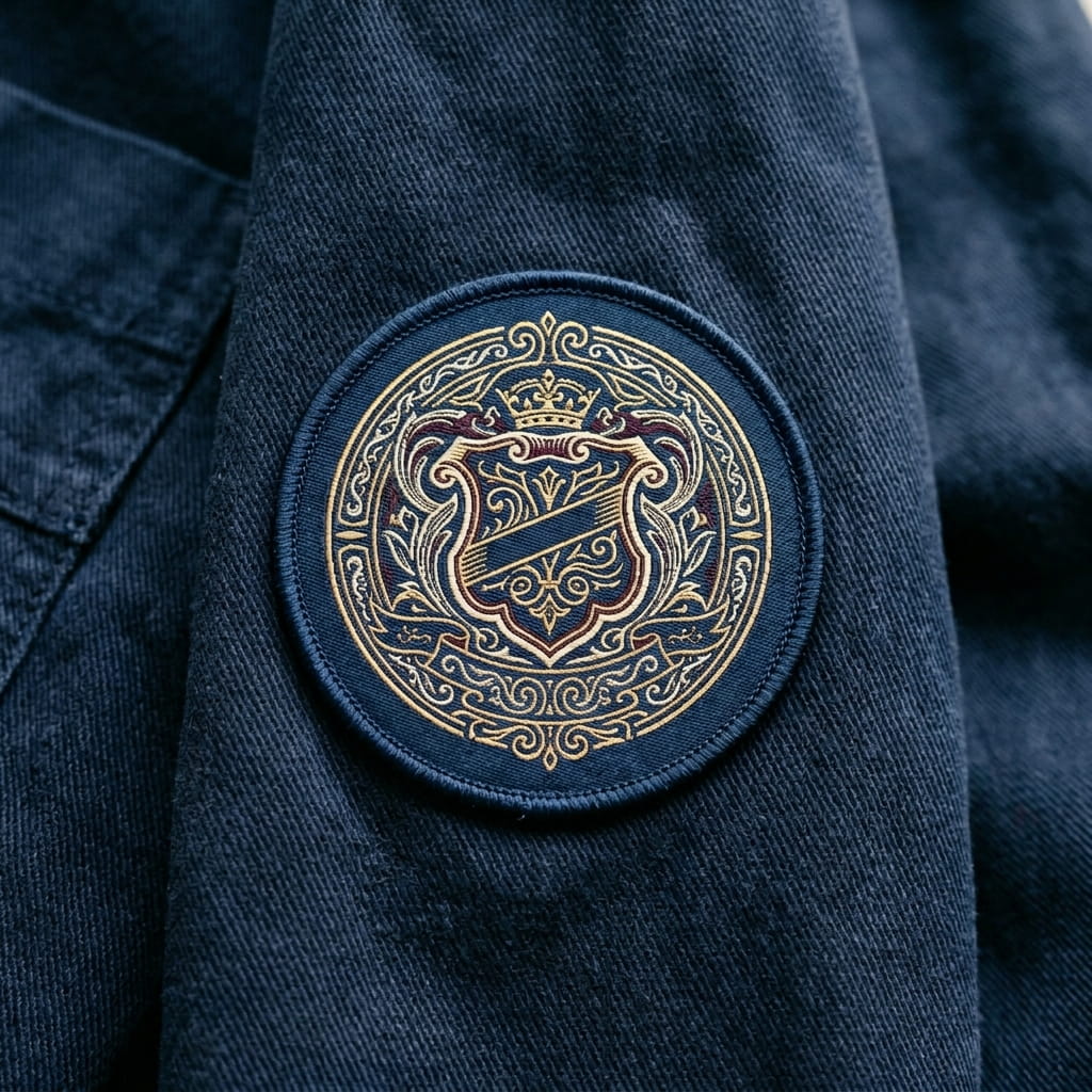 Intricate woven monogram crest patch with fine detail