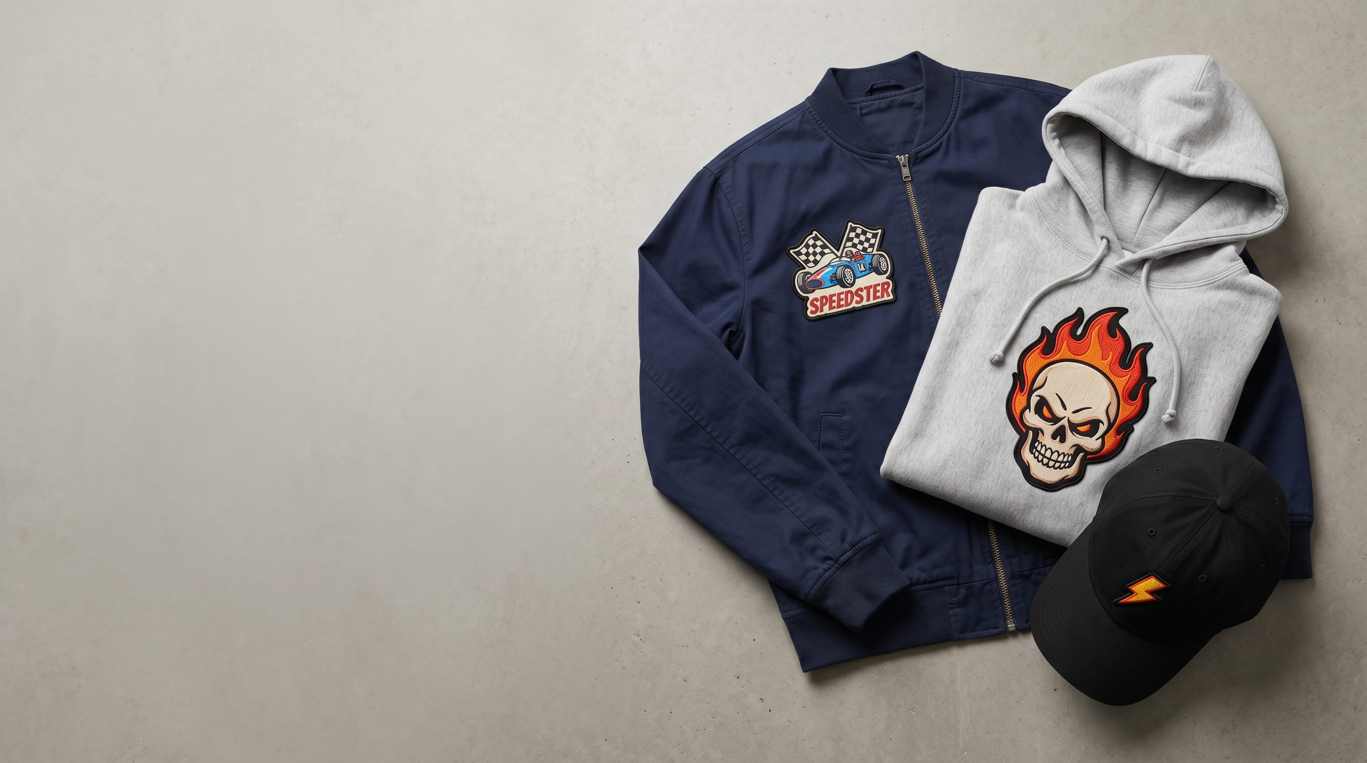 Custom woven and embroidered patches on a jacket, hoodie and cap