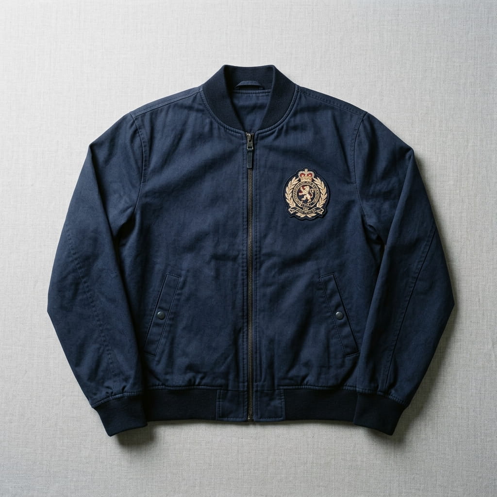 Woven monogram crest patch on a bomber jacket