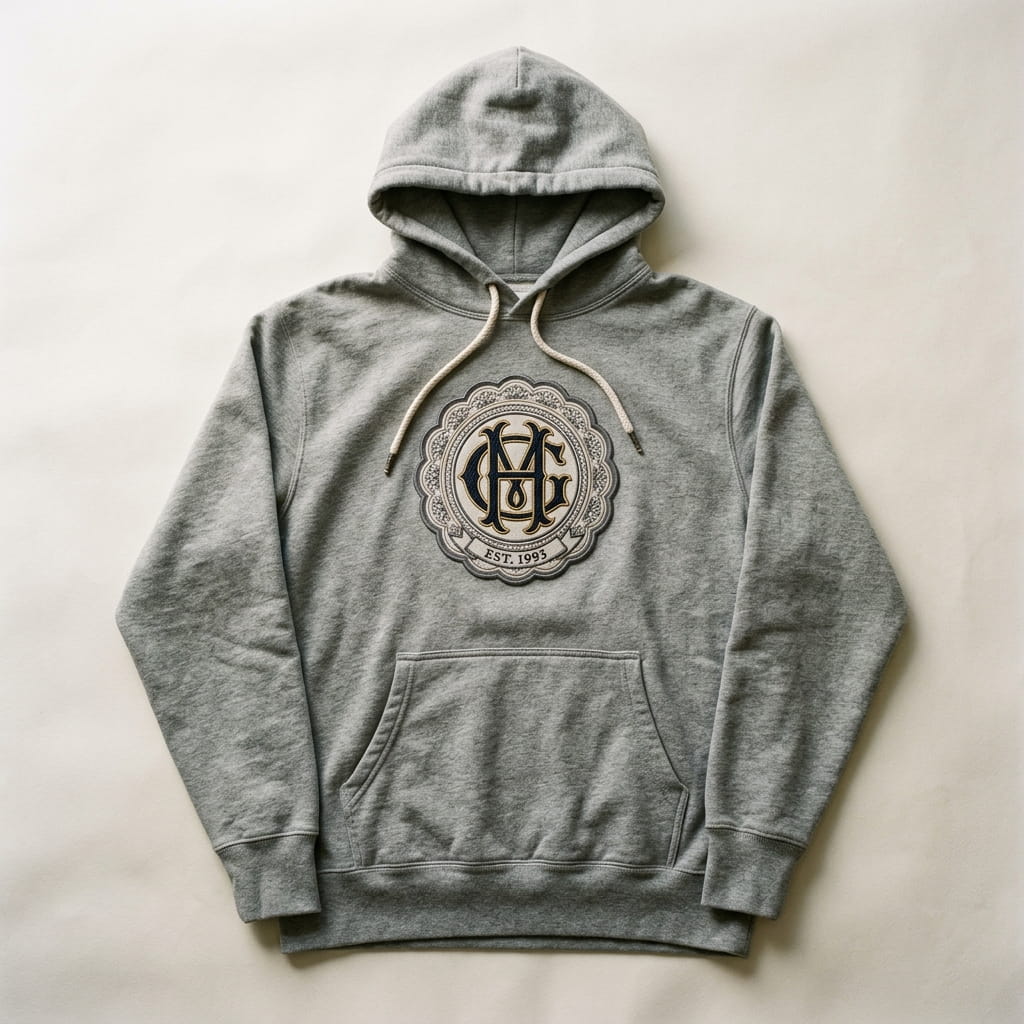 Hoodie with woven monogram crest patch