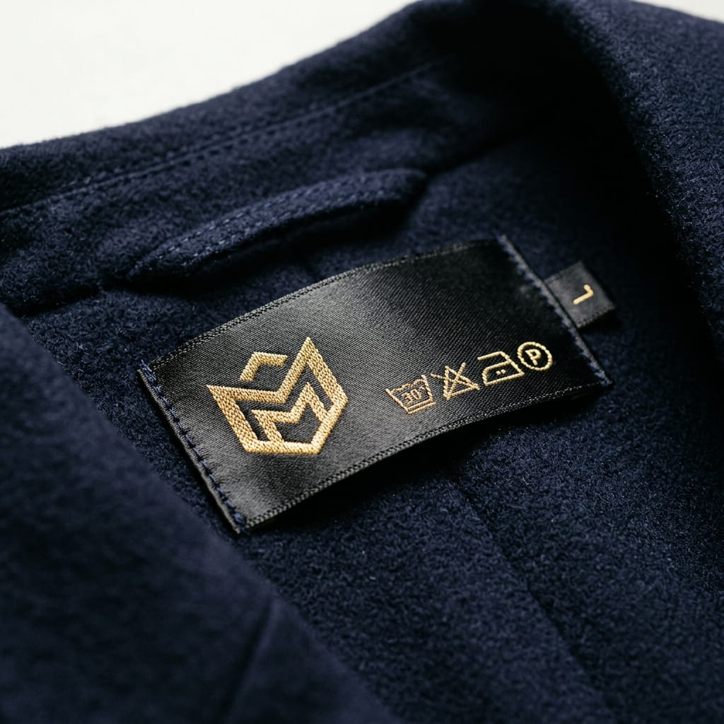 Satin woven label with metallic thread
