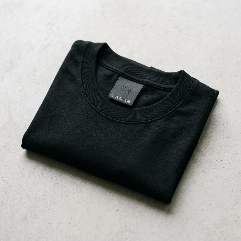 Woven brand label sewn inside a t-shirt collar