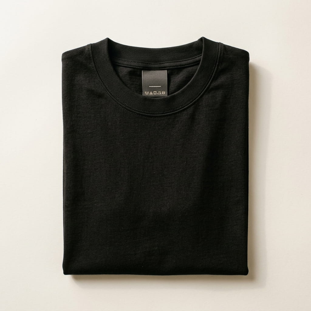 Folded tee showing a woven neck label