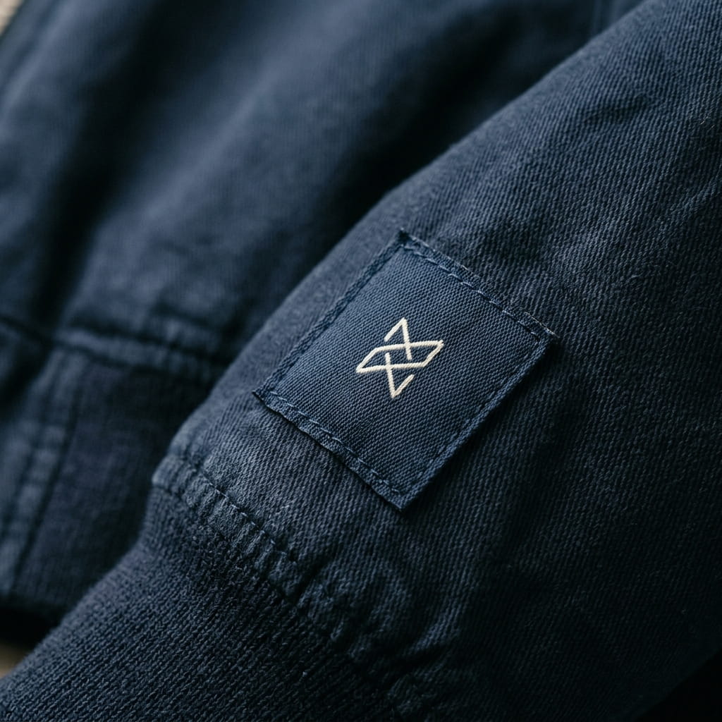 Woven sleeve label on a bomber jacket