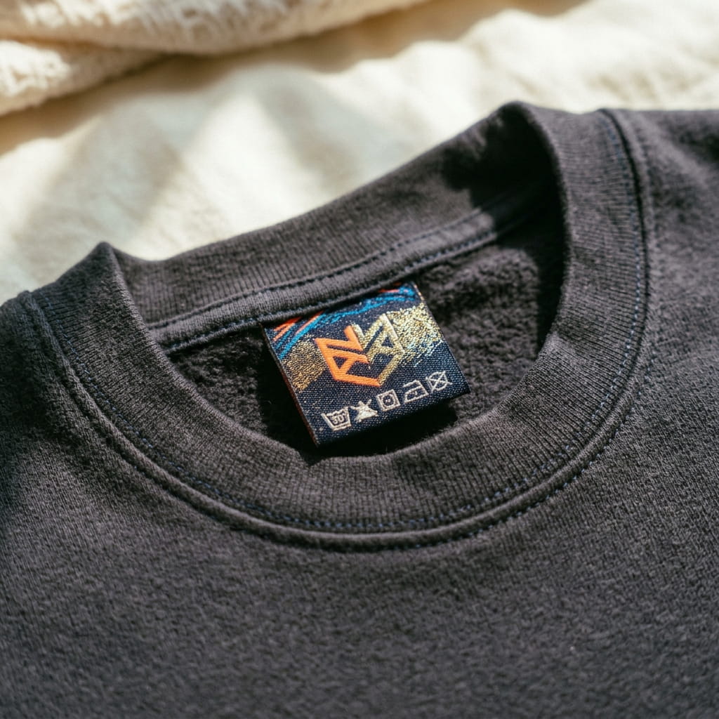 Woven label with metallic and neon thread