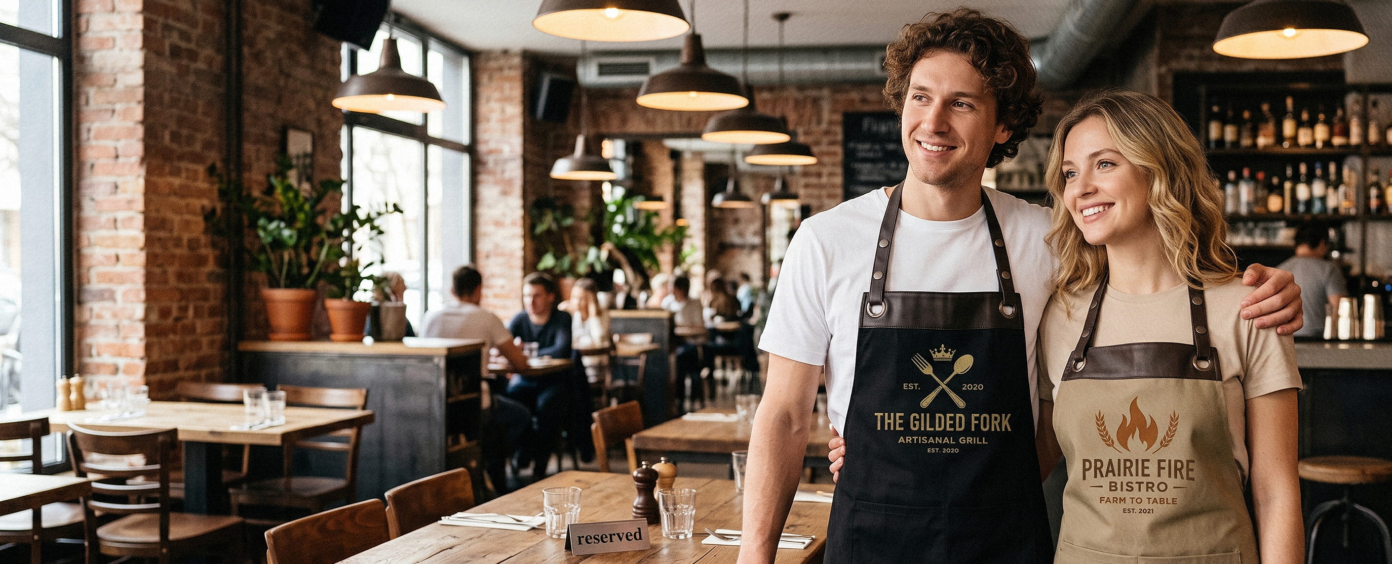 Two models wearing decorated Artisan Collection by Reprime aprons at a specialty coffee bar
