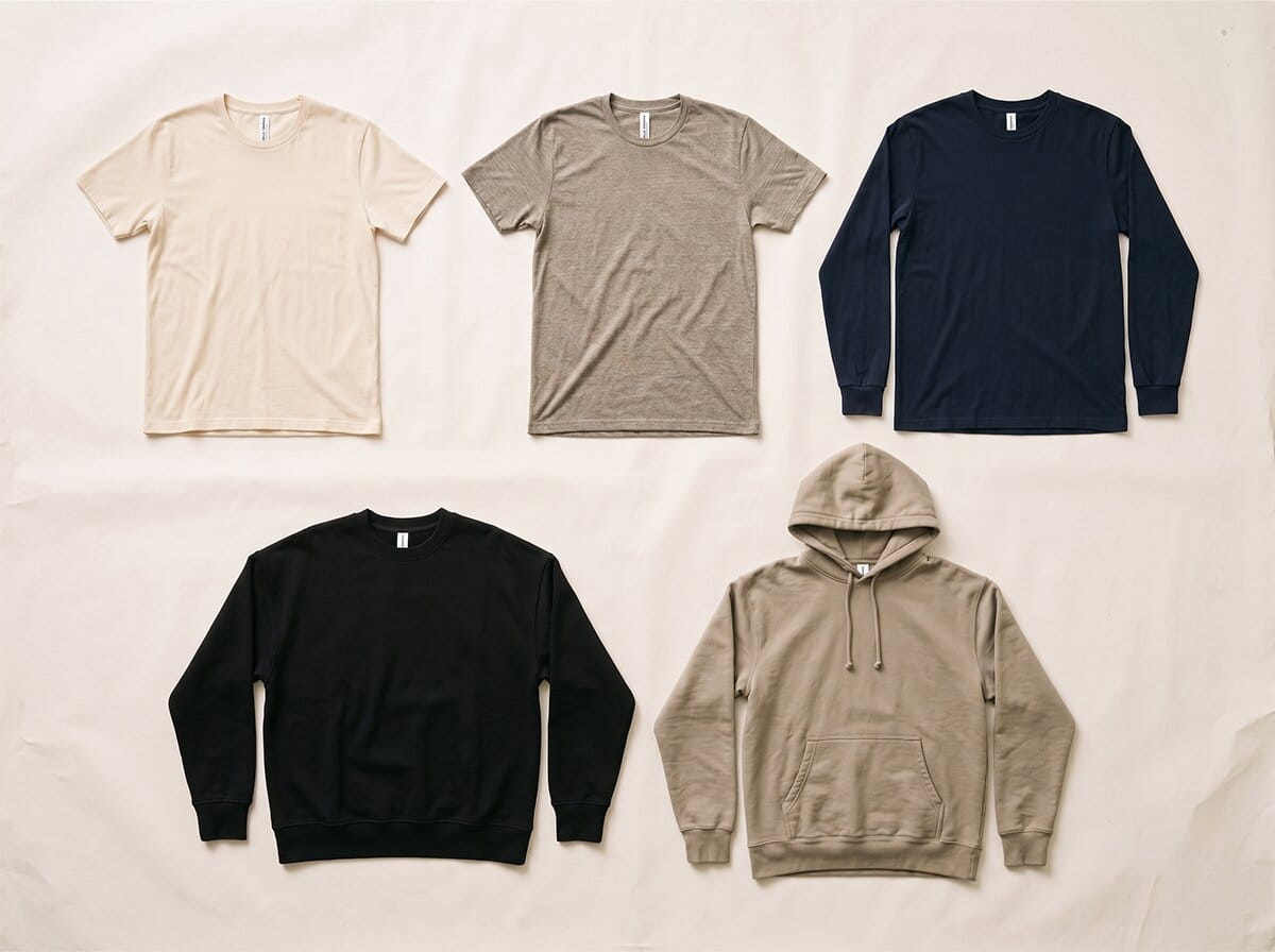 Bella + Canvas range — Unisex Jersey Tee, Tri-Blend Tee, Long Sleeve Tee, Drop Shoulder Sweatshirt, and Sponge Fleece Hoodie in a 3-2 grid flat-lay