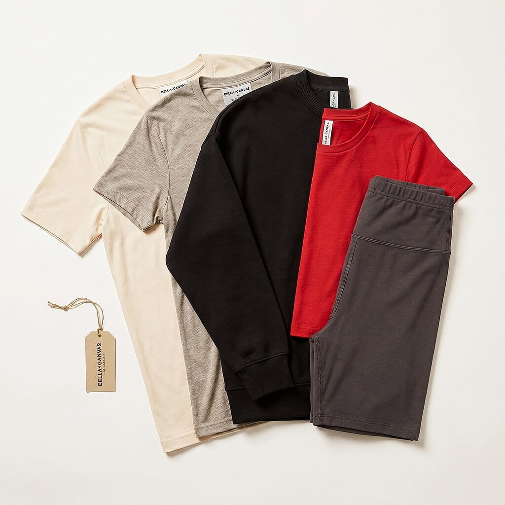 Bella + Canvas 5-piece flat-lay — 3001 Unisex Jersey Tee, Tri-Blend Tee, Drop Shoulder Sweatshirt, Women's Crop Tee, and High Waist Biker Short on a clean studio background