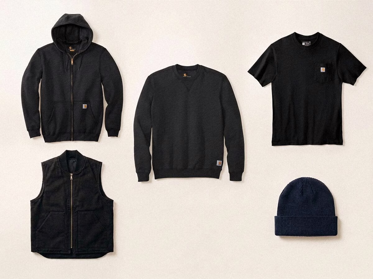 Carhartt range — Workwear Pocket Tee, Midweight Hooded Sweatshirt, Duck Detroit Jacket, Duck Vest, and Watch Hat Beanie in a 3-2 grid flat-lay