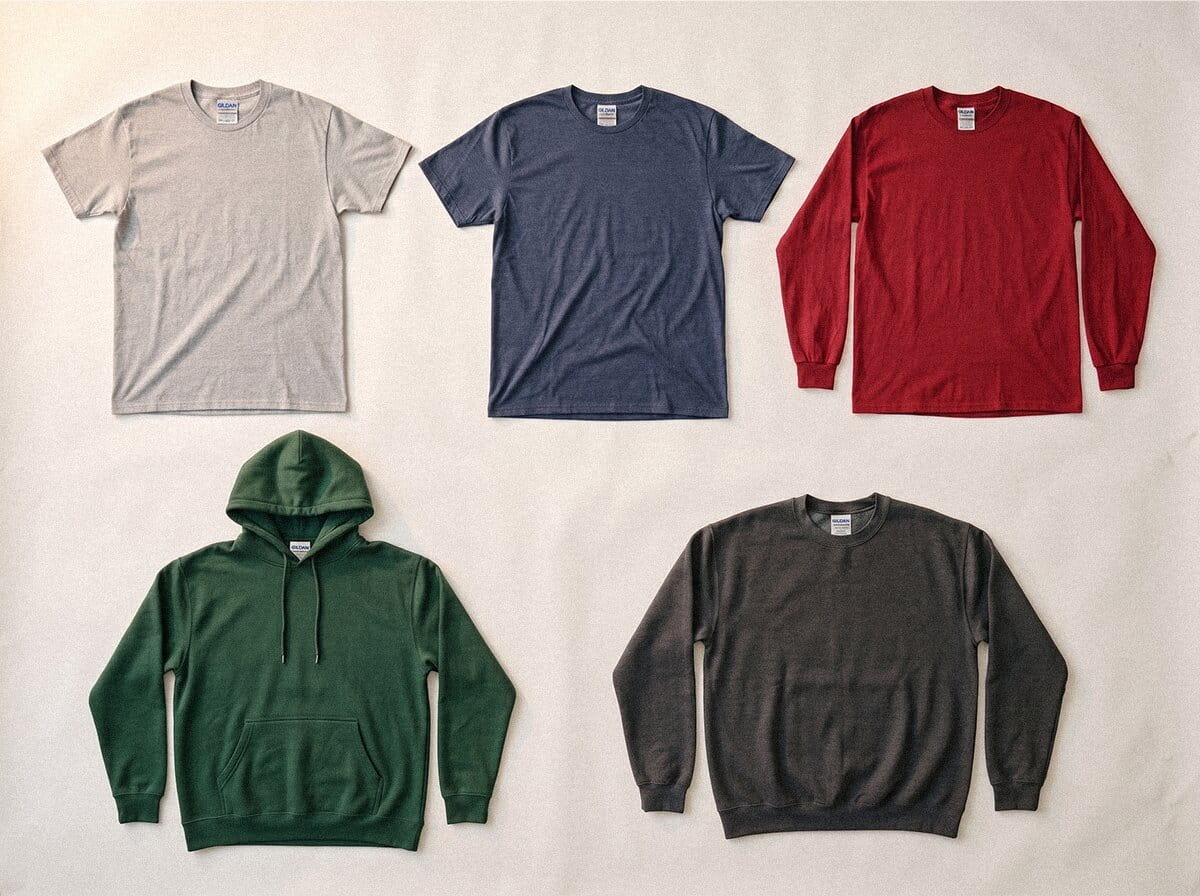 Gildan range — Heavy Cotton Tee, Softstyle Tee, Ultra Cotton Long-Sleeve Tee, Heavy Blend Hooded Sweatshirt, and Heavy Blend Crewneck Sweatshirt in a 3-2 grid flat-lay