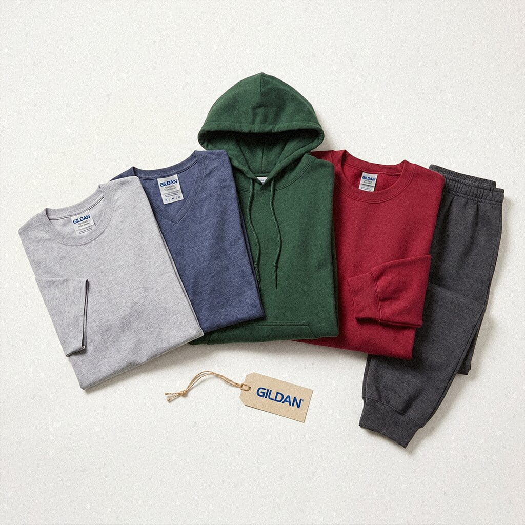Gildan 5-piece flat-lay — Heavy Cotton tee, Softstyle V-neck tee, Heavy Blend pullover hoodie, Heavy Blend crewneck sweatshirt, and Heavy Blend sweatpant on a clean studio background
