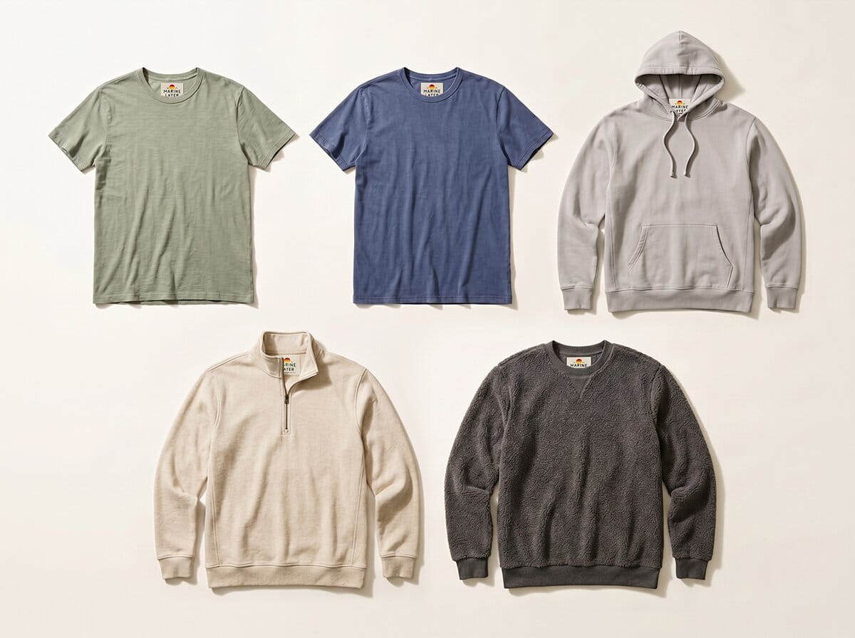 Marine Layer range — Signature Crew Tee, Spun Re-Spun Crew Tee, Sunset Pullover Hoodie, Corbet Quarter-Zip Pullover, and Sherpa Crew Pullover in a 3-2 grid flat-lay