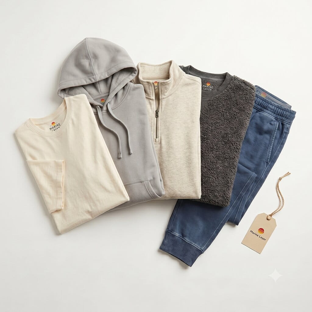 Marine Layer 5-piece flat-lay — Signature super-soft tee, Sunset fleece pullover hoodie, Corbet sweater-fleece quarter-zip, Sherpa crew pullover, and Sport jogger on a clean studio background