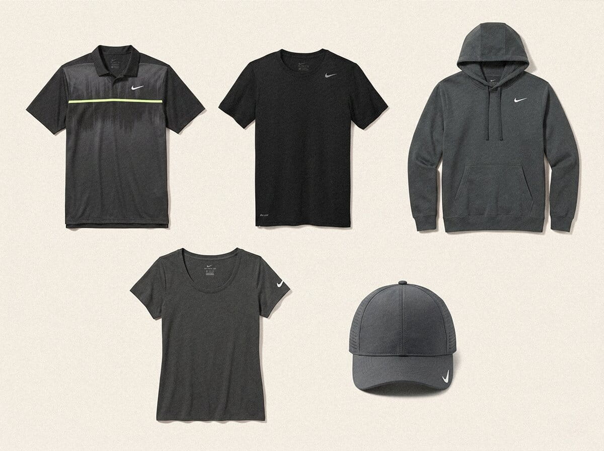 Nike range — Dri-FIT Performance Polo, Performance 1/2-Zip, Club Fleece Hoodie, Core Cotton Tee, and Performance Cap in a 3-2 grid flat-lay