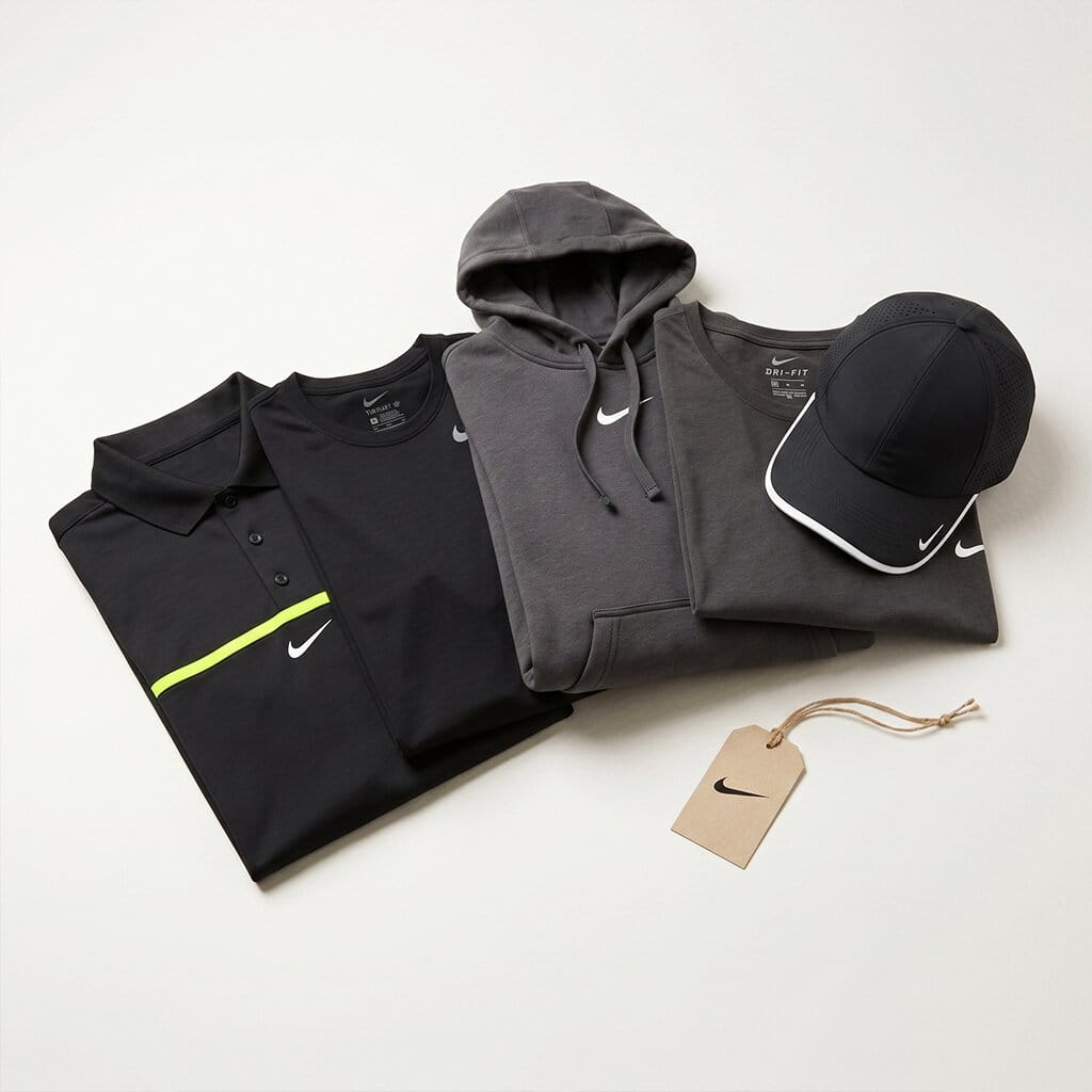 Nike 5-piece flat-lay — Dri-FIT performance polo, performance 1/2-zip cover-up, Club Fleece hoodie, Core Cotton tee, and performance cap on a clean studio background