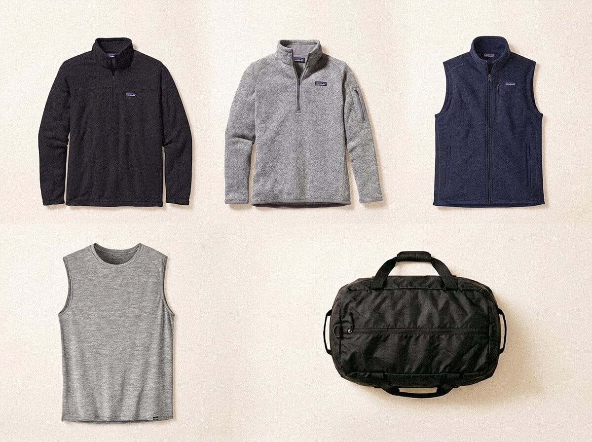 Patagonia range — Recycled Fleece Pullover, Full-Zip Fleece Jacket, Fleece Vest, Performance Tee, and Ripstop Duffel Bag in a 3-2 grid flat-lay