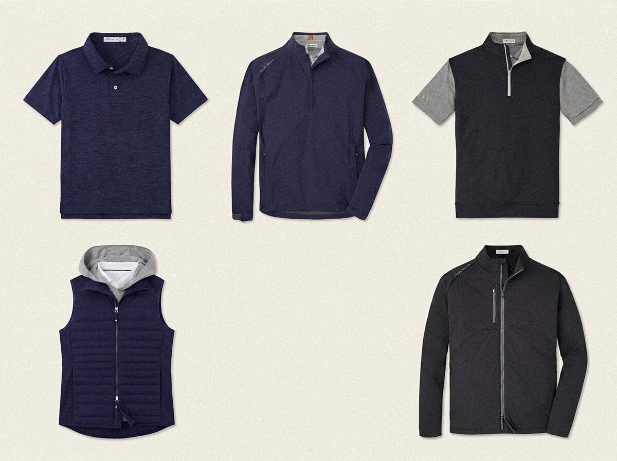 Peter Millar range — Performance Pique Polo, Perth Quarter-Zip, Lava Wash Pocket Tee, Performance Quarter-Zip Vest, and Hybrid Shell Jacket in a 3-2 grid flat-lay
