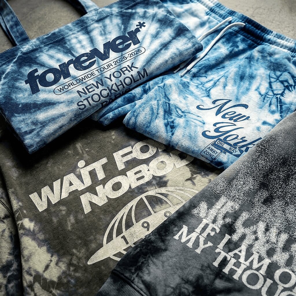 Flat-lay of custom garment-dyed apparel in a coordinated palette