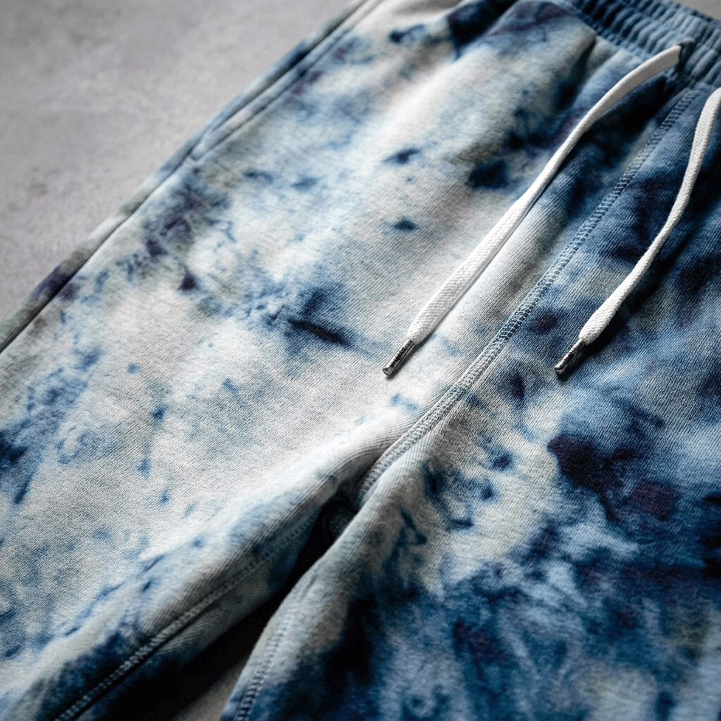 blue and white tie-dye sweatpants with a drawstring waist